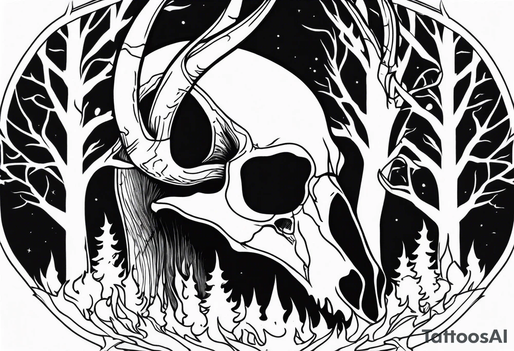 Halloween side profile of a DECAYING deer skull JUST BONE surrounded by a flames and trees in background tattoo idea