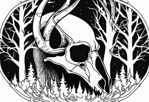 Halloween side profile of a DECAYING deer skull JUST BONE surrounded by a flames and trees in background tattoo idea