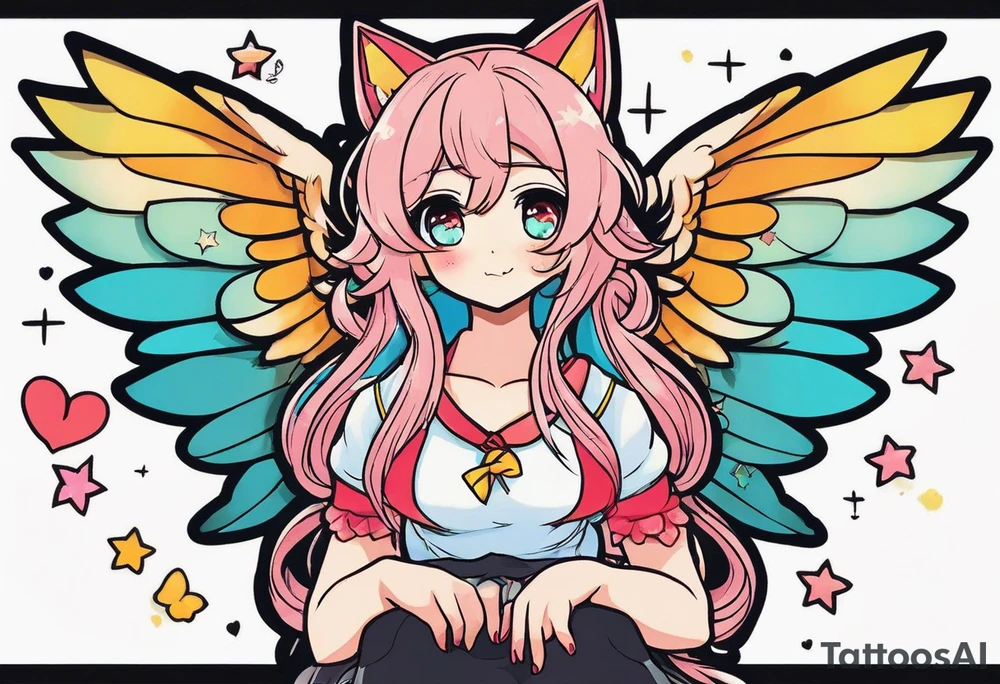 I want a half sleeve on right arm from wrist to elbow. I want the theme to be Neko Anime girl with wings around age 18-24. I want the face to be pouting face with puffed cheeks. tattoo idea