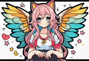 I want a half sleeve on right arm from wrist to elbow. I want the theme to be Neko Anime girl with wings around age 18-24. I want the face to be pouting face with puffed cheeks. tattoo idea