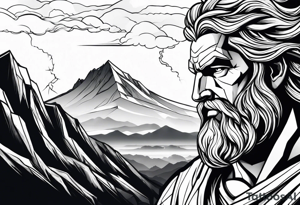 Zeus behind a Mountain View with lightning behind him tattoo idea