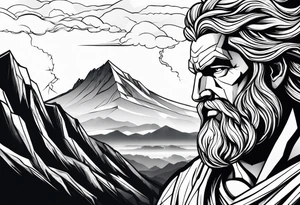 Zeus behind a Mountain View with lightning behind him tattoo idea