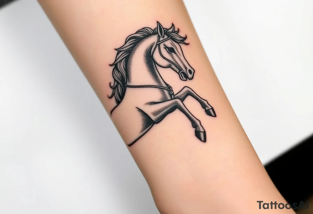 a knight of chess piece. it doesnt have legs, it's a chess piece. The knight piece is depicted in motion, slightly tilted forward as if it's charging or coming out of the shadows. The knight’s face is detailed but with a focus on the horse's strong features: its mane flowing in the wind, and the body etched with intricate details to represent strength and agility. The knight is emerging from a shadow, with the front part of the body illuminated in soft, warm light. The shadowed portions near the back and tail create a mystical aura. tattoo idea