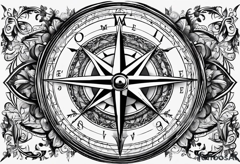 A black and white detailed compass tattoo idea