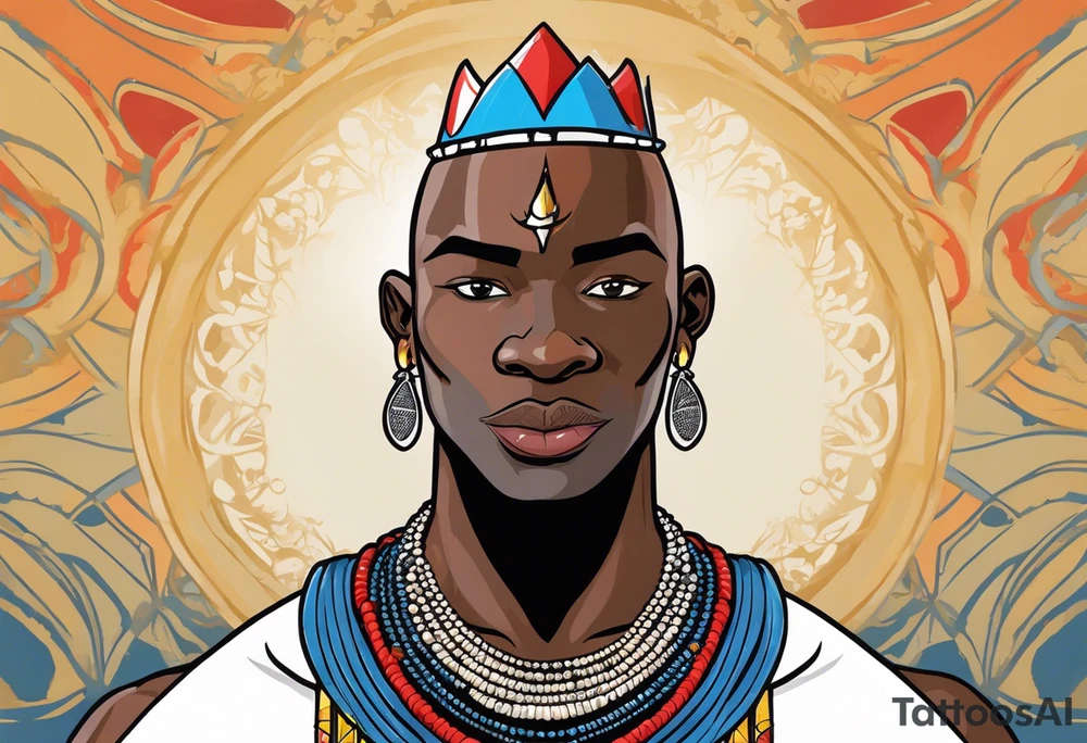 Black-skinned bald african warrior. He wears a simple and small silver crown. He uses two simple necklaces: one blue, other red. He has cowry shells in his crown tattoo idea