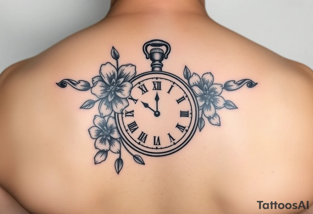 Antique pocket watch with flowers on it and the time is set to 5:03 tattoo idea