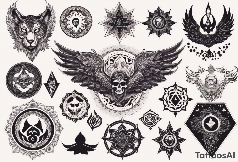 black kali, goddess pirate, alien, angel, pachamama, valkrye, warrior, flying, skull, lotus azul, wing, eagle, zenza resonance, stars, 5D, anahata chakra, death, durga, riding on a tiger, flying lady, kundalini, chest tatoo tattoo idea