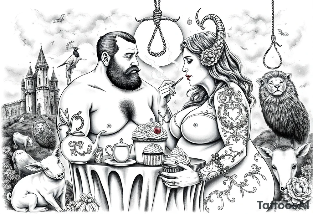 Naked Man and fat woman having sex eating cupcakes and  fruit  having sexy naked fat lady having a tea party with tea pots  with medieval castle  
with mystical  aries a pigs, peacock,  lion, goat, noose and smoking cigerettes looking in the mirror thru storm clouds and broken hearts and darkness and wrath, envy , gluttony, greed, sloth, pride . Gothic tattoo idea