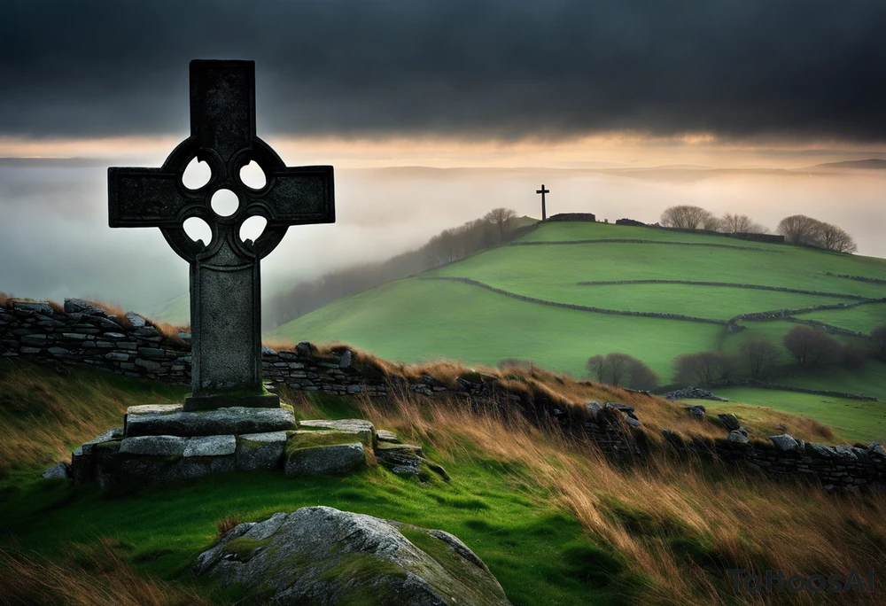 A stone Celtic cross solemnly standing atop a hill, a raven perches atop the cross staring out over the desolation. A ruined stone wall lies crumbling near the cross. Mist rolls along the hilltops adding to the melancholic nature of the scene. Clouds gather in the distance, obscuring the setting sun tattoo idea