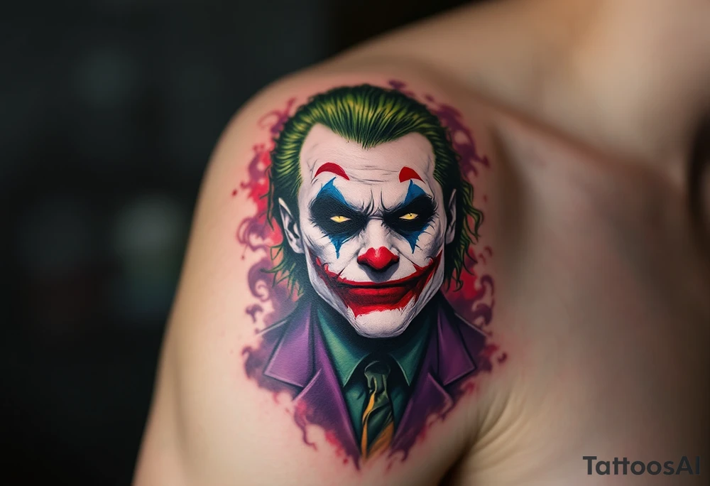 Got it! Here’s a more precise, AI-friendly description for a Joker tattoo:

**A close-up portrait of the Joker with a pale white face, bright red smeared lips forming a wide grin, sharp green slicked-back hair, dark black eyeshadow around piercing yellow eyes, wearing a purple suit collar, with swirling purple and red smoke in the background — colors vivid and contrast sharply for a dramatic effect.** tattoo idea