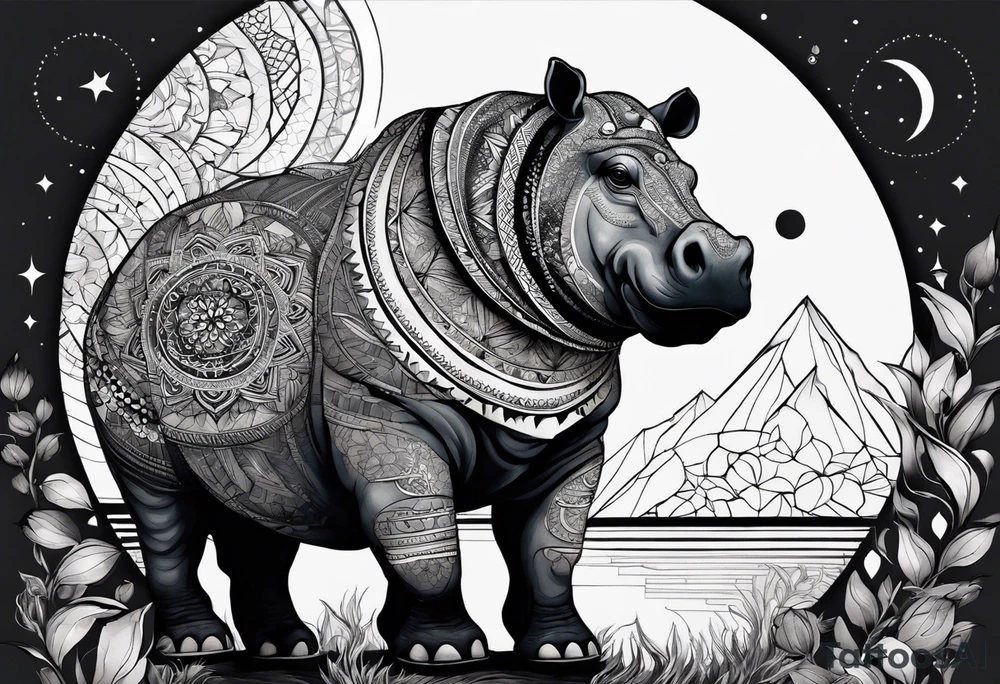 Very asymmetrical, +geometric pattern, with realistic full moon, with hippo,+tribal, +geometric, +inkart , +blackwork, +grey scale, + sketch
with wintersweet flower bud, +inkart touch, +for men, detailed , combined favourite , tattoo idea