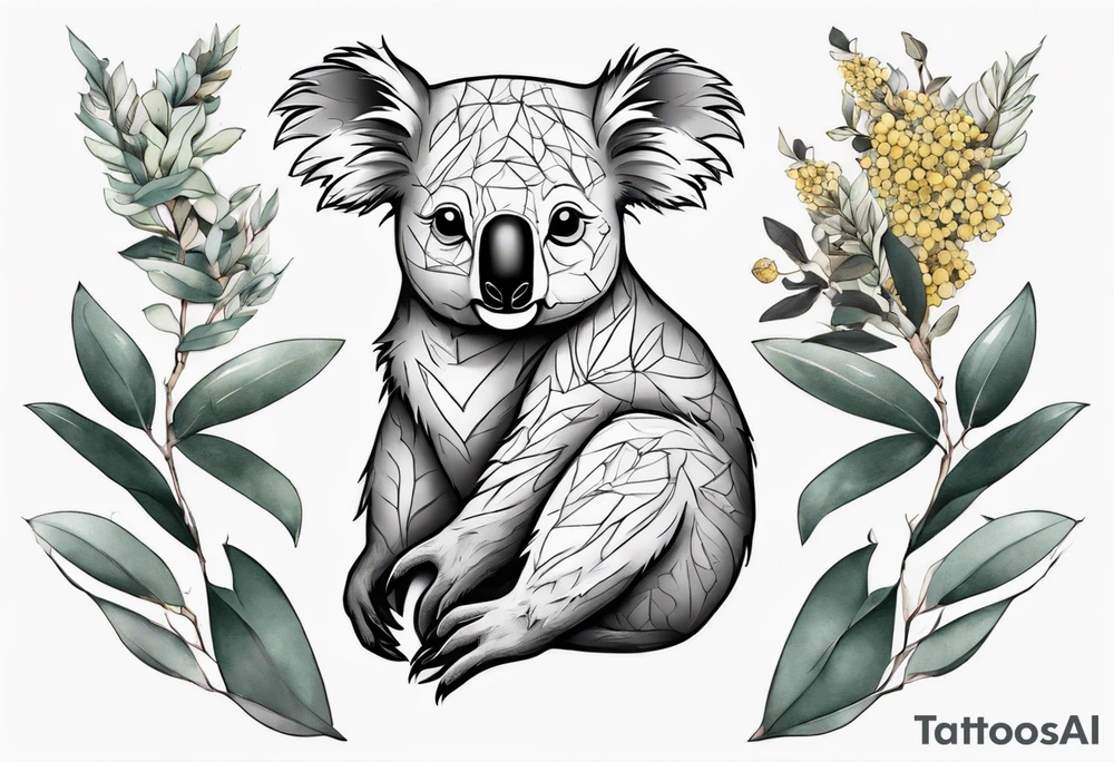 A koala with a kookaburra with eucalyptus leaves and wattle leaves tattoo idea