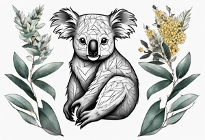 A koala with a kookaburra with eucalyptus leaves and wattle leaves tattoo idea