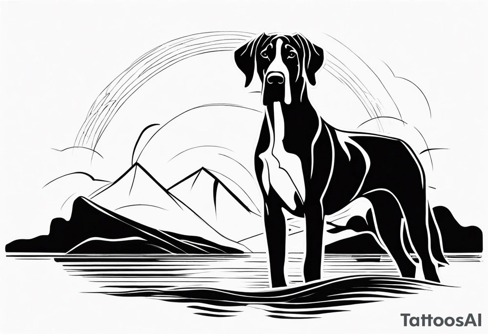 Arm sleeve with Great Dane (Full Tuxedo Color and floppy ears) standing proudly chest up on a rock in front of a body of water tattoo idea