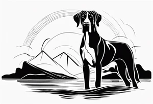 Arm sleeve with Great Dane (Full Tuxedo Color and floppy ears) standing proudly chest up on a rock in front of a body of water tattoo idea