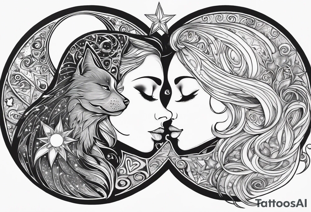 Sun and moon face romantic kiss or hug
With a pawprint pathway going to 2 cat and pitbull dog face surrounded with intergalactic Stars and infinite love bond tattoo idea