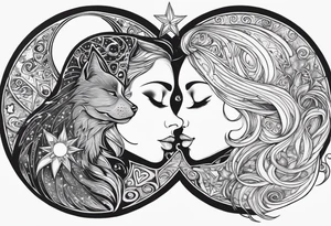 Sun and moon face romantic kiss or hug
With a pawprint pathway going to 2 cat and pitbull dog face surrounded with intergalactic Stars and infinite love bond tattoo idea