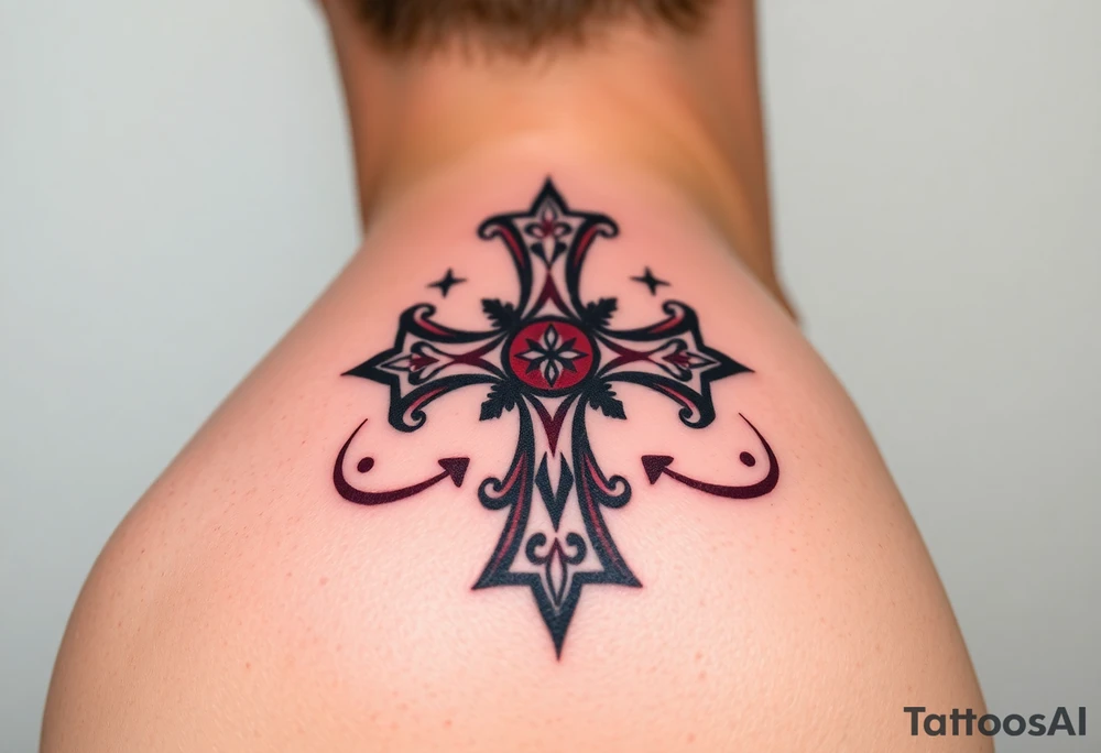 A Gothic-style Maltese cross with dark crimson shading and intricate baroque filigree, evoking mystery and power tattoo idea
