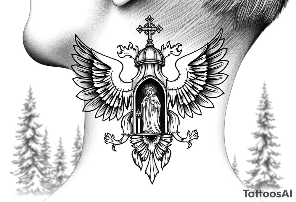 russian coat of arms double headed eagle traditional christian orthodox cross with a virgin mary stood in the entrance of a russian orthodox dome church on the side of the neck in a wilderness setting tattoo idea