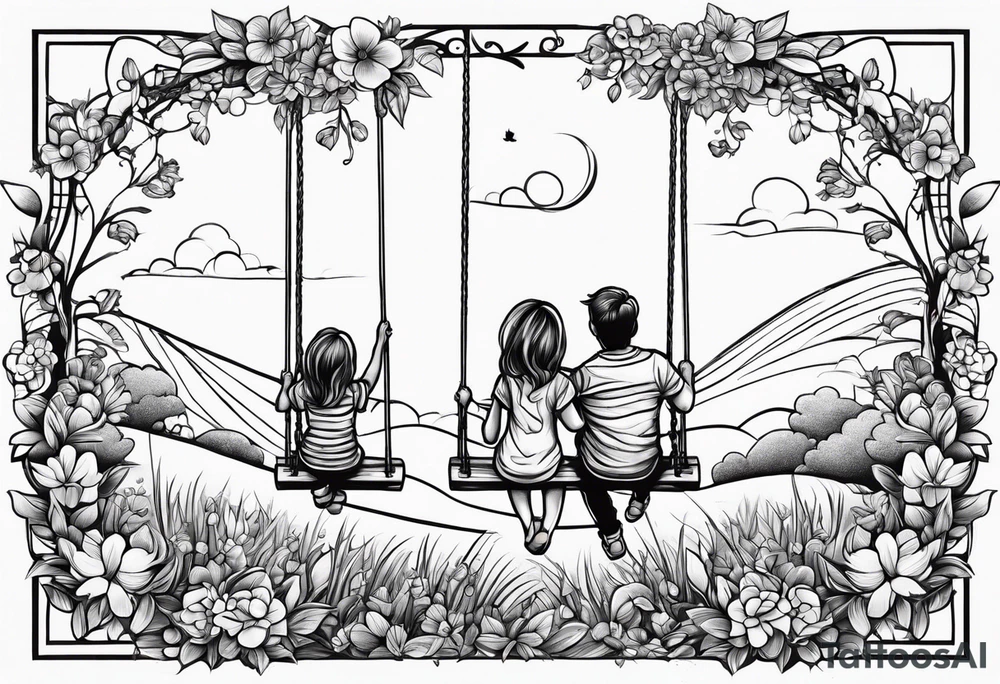 Mom with son and daughter on a swing in the distance in a field of flowers tattoo idea
