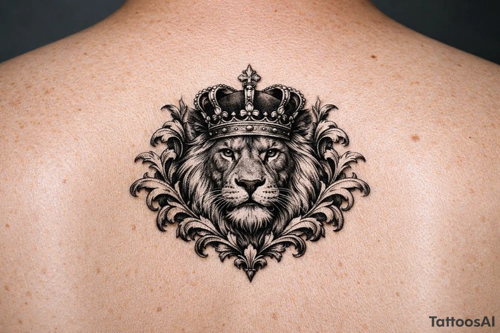 powerful majestic lion with a crown, framed by ornate floral scrollwork tattoo idea