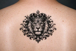 powerful majestic lion with a crown, framed by ornate floral scrollwork tattoo idea