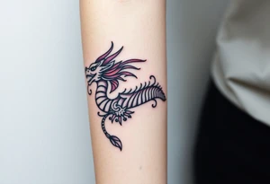A bracelet wrapped around the arm dragon with purple and red tones, feathers and vines tattoo idea
