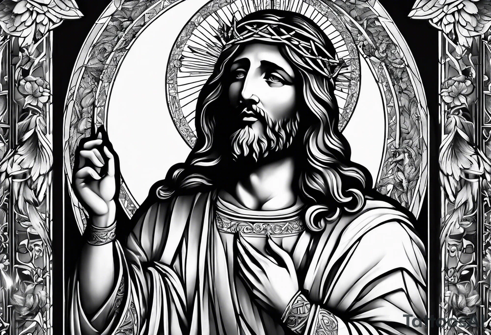 Black and white Jesus cross and angels tattoo sleeve tattoo idea
