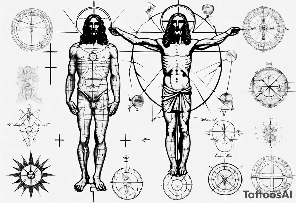 Leonardo da Vinci, Vitruvian man  and Jesus combined with emphasis on math and physics tattoo idea