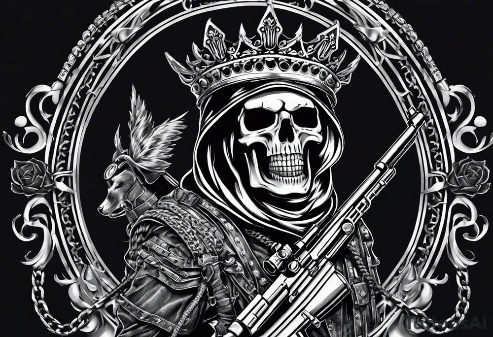 image of a skeleton standing frontally with a crown on his head, holding an AK-47 on his shoulder with his right hand. The chain on the left should be taut, there are three angry barking Dobermans in it, near the waist tattoo idea