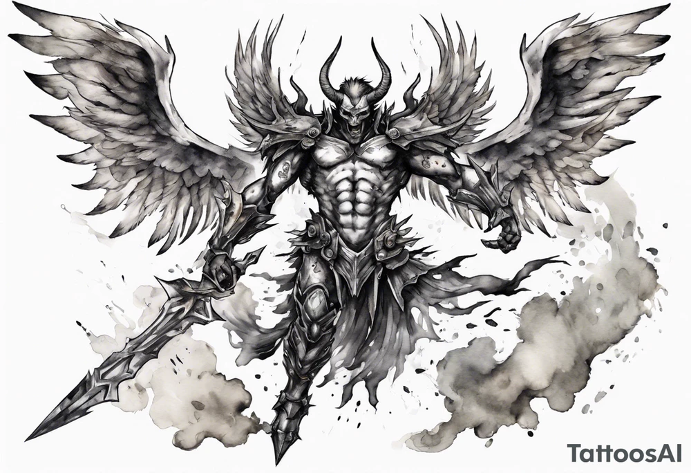 A demon angel wearing inorganic armor that is in mid-air with his weapon behind about to attack. tattoo idea