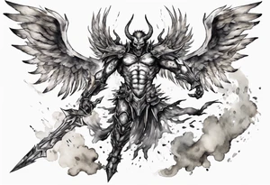 A demon angel wearing inorganic armor that is in mid-air with his weapon behind about to attack. tattoo idea