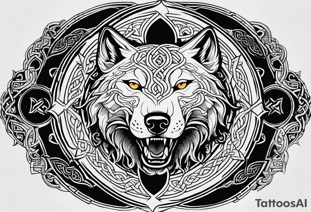 A powerful tattoo design combining Nordic, Greek, and Celtic symbols to represent someone who made you believe in humanity's goodness, only to turn out to be its ultimate betrayer. The centerpiece is a snarling wolf, symbolizing Fenrir, with glowing eyes and an open mouth, representing betrayal and destruction. Surrounding the wolf is the Ouroboros, a serpent eating its own tail, symbolizing the endless cycle of trust and betrayal. The Triskelion, with its three interlocking spirals, appears in the background or as a border, representing the shifting balance between light and dark. Incorporate fire and ice elements to reflect the contrast between warmth (trust) and coldness (betrayal), with Celtic knotwork and runes adding ancient, mystical depth to the design. tattoo idea