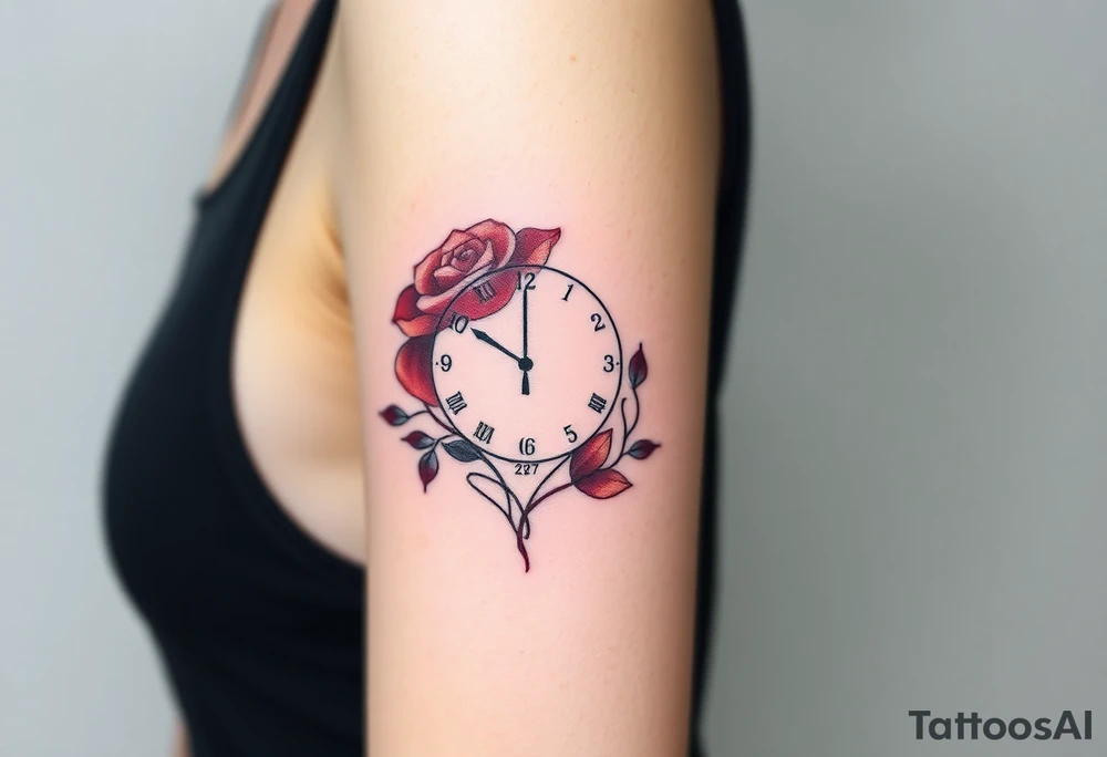 A delicate rose intertwined with clock hands, marking the exact birth time and name "Kevin" and date 27. 04. 2021, in deep red, blush pink, and soft grays tattoo idea