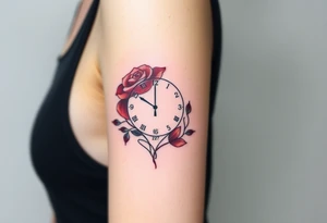 A delicate rose intertwined with clock hands, marking the exact birth time and name "Kevin" and date 27. 04. 2021, in deep red, blush pink, and soft grays tattoo idea