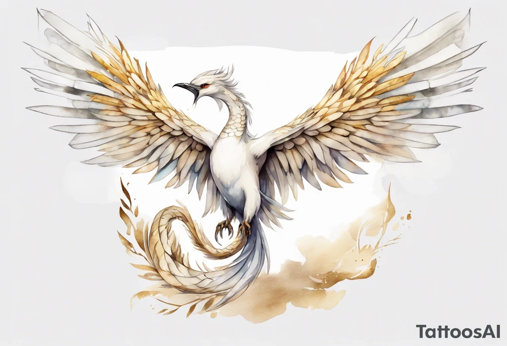 a watercolor of a white bird-serpent hybrid wearing a plain crown, with light gold wing feathers tattoo idea