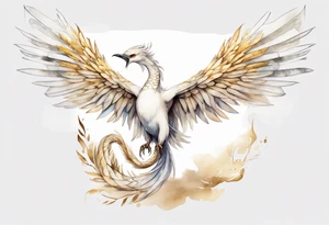 a watercolor of a white bird-serpent hybrid wearing a plain crown, with light gold wing feathers tattoo idea
