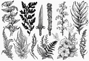 Swordfern, bull kelp and flowers that represent the pacific Northwest tattoo idea