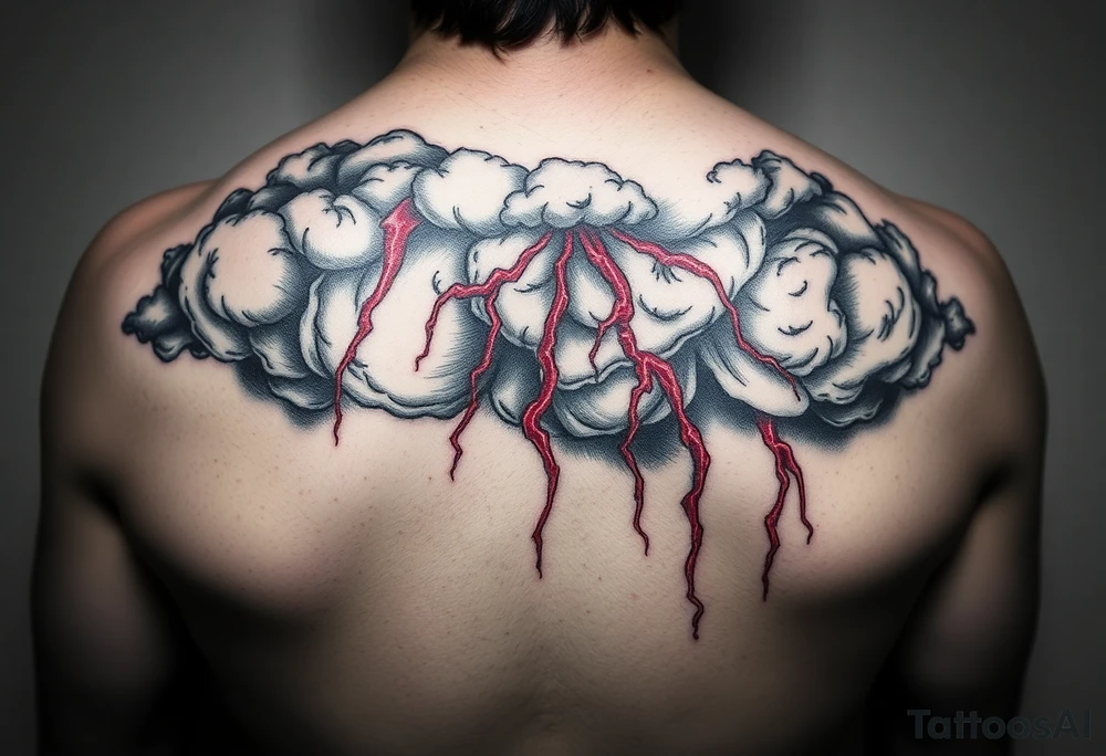 Dark, black menacing storm clouds with creepy red bolts of lightning coming down tattoo idea