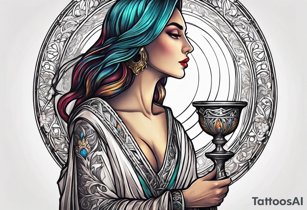 holy saint woman turned away
 holding a chalice tattoo idea