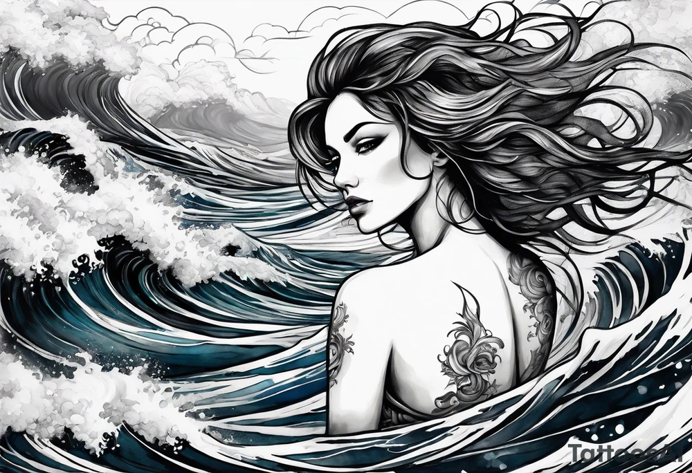 stormy sea waves, full-length woman in the middle of the storm tattoo idea