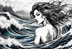 stormy sea waves, full-length woman in the middle of the storm tattoo idea