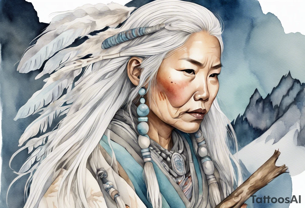 an Inuit woman with long white hair holding onto a silver staff tattoo idea