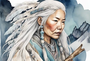 an Inuit woman with long white hair holding onto a silver staff tattoo idea