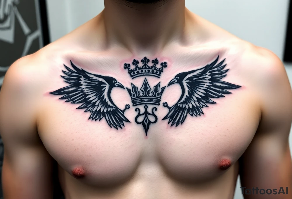 Chest tattoo, two ravens and icelandic symbols, dark brest tattoo, crown betwen ravens tattoo idea