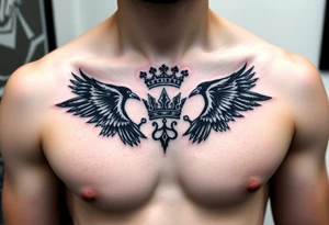 Chest tattoo, two ravens and icelandic symbols, dark brest tattoo, crown betwen ravens tattoo idea