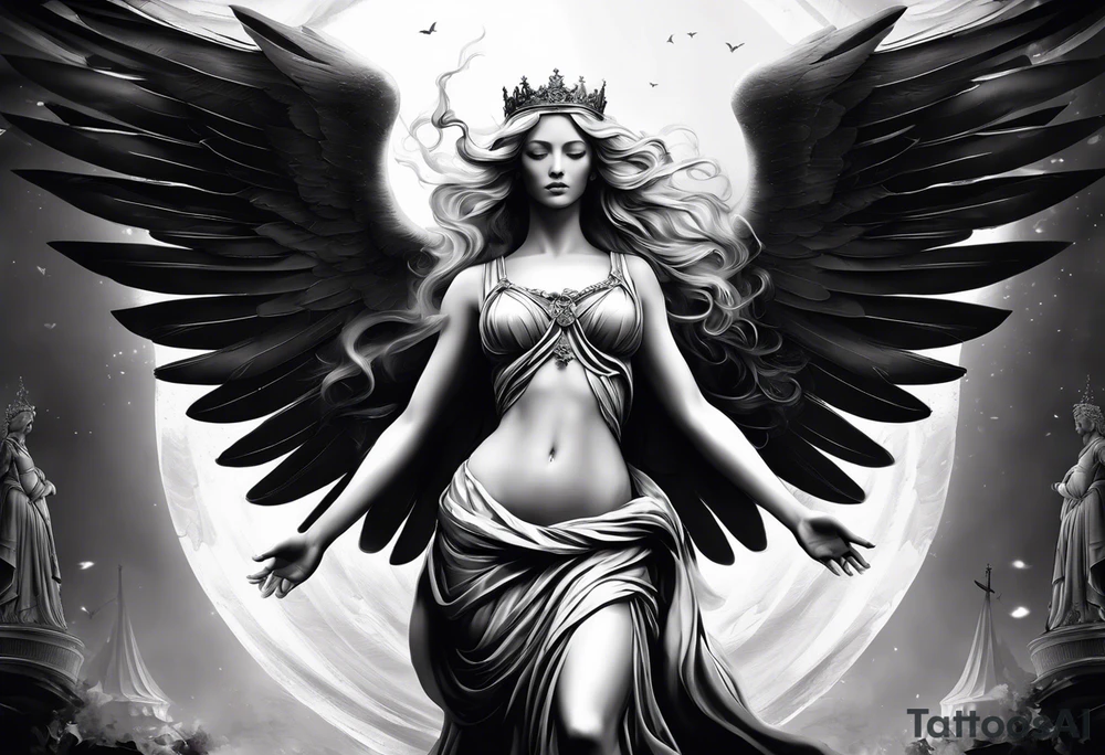"Imagine the goddess Justitia, depicted in a striking black and white tattoo style. She stands tall, her body fully draped in flowing linens that cascade elegantly. Her blonde hair completely covers her face, adding an air of mystery. Justitia has two large wings: one is angelic and pristine white, stretched out majestically, while the other is bent, dark, and tattered, symbolizing the duality of justice. In her hands, she holds a balanced scale, emphasizing her role as the arbiter of fairness. A flowing banderole wraps around her body, inscribed with the expression 'MEMENTO VIVERE'. The overall composition is intricate and evocative, capturing the essence of justice with detailed line work and shading that enhances the tattoo style. The contrast between light and dark elements is highlighted, with her body abstract and blending seamlessly into the background. The background features subtle, swirling patterns that add depth and complexity to the design." tattoo idea