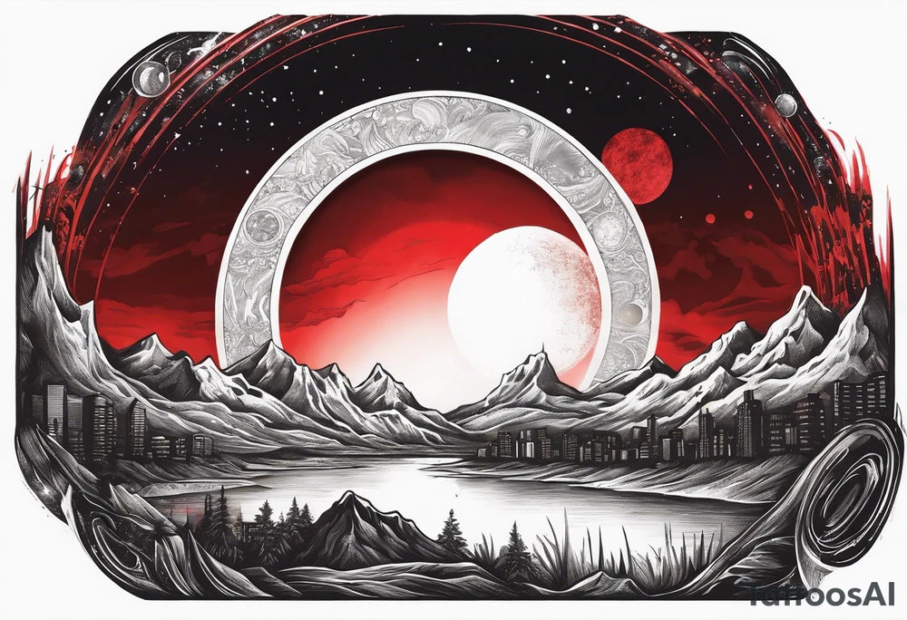 black solar eclipse with red light shining behind it, dark fantasy landscape/city tattoo idea