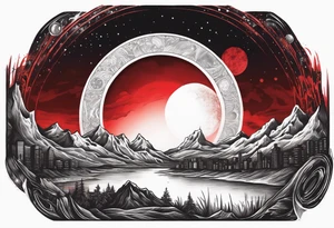 black solar eclipse with red light shining behind it, dark fantasy landscape/city tattoo idea