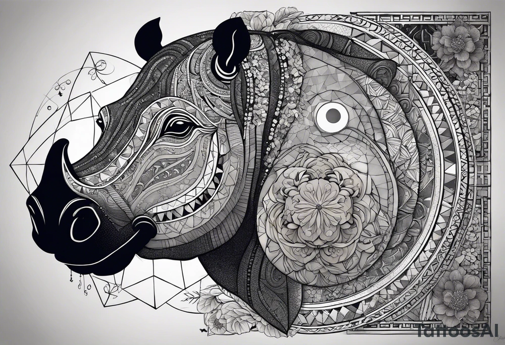 Very asymmetrical, +geometric pattern, with realistic full moon, with hippo,+tribal, +geometric, +inkart , +blackwork, +grey scale, + sketch
with wintersweet flower bud, +for men, detailed layering , modify from my favourites , tattoo idea